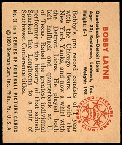 1950 Bowman 37 Bobby Layne Detroit Lions (Foci Kártya) EX/MT Oroszlánok Texas