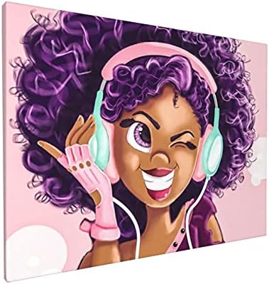 Afro-Amerikai Lány, Vászon Wall Art a Fekete Lány Szerelmes Zene Mágikus Lila Haj, Vászon Művészet Plakát Rózsaszín Fal Dekoráció,