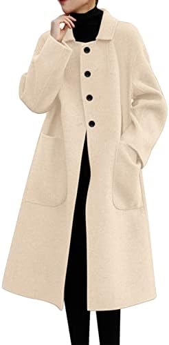 Kabát Női Meleg Téli Hosszú Ujjú Gomb Le Ál-Gyapjú Keverék Vékony Dzseki Kabát Slim Fit Meleg Szilárd, Hosszú Kabát