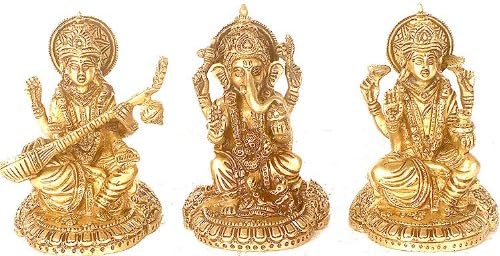 A Nagy Triád Ganesha, Lakshmi, valamint Saraswati - Bronz Szobor