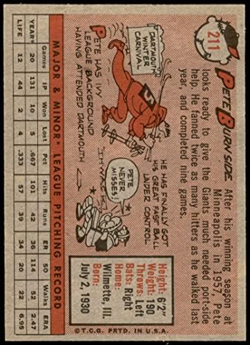 1958 Topps 211 Pete Burnside San Francisco Giants (Baseball Kártya) EX/MT Óriások