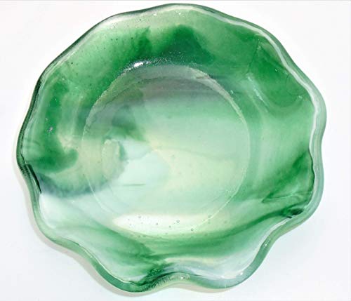 Dekoratív 5.25 inch Zöld-Fehér Fodros Candy Bizsu Tál, Kézműves Olvasztott Üveg